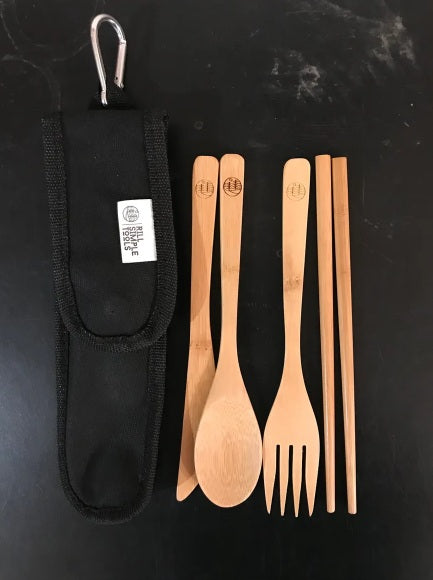 Rill Simple Tools Bamboo Travel Utensils: chop sticks, spoon, knife, fork, case with carabiner