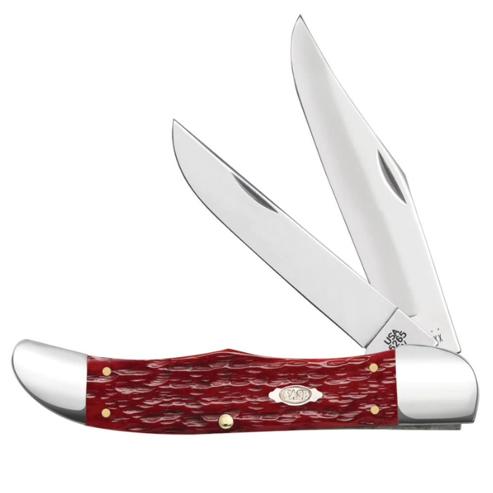 Case Dark Red Bone Peach Seed Jig Large Folding Hunter w/Sheath