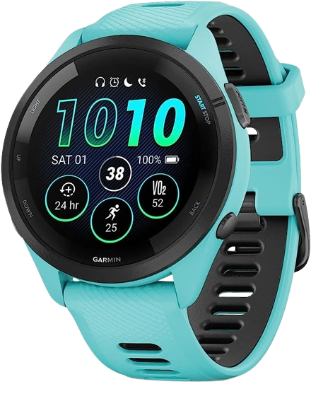 Garmin Forerunner® 265 Black Bezel with Aqua Case and Aqua/Black Silicone Band