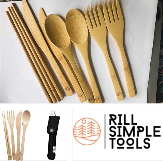 Rill Simple Tools Bamboo Travel Utensils: chop sticks, spoon, knife, fork, case with carabiner